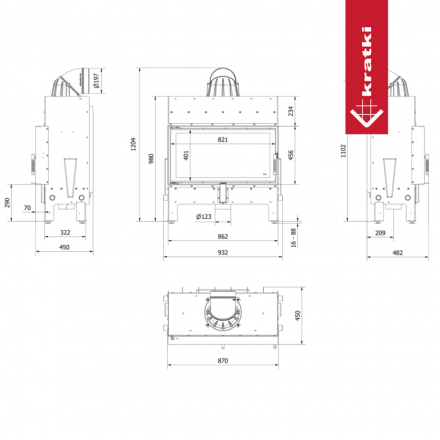 Каминная топка Kratki FLOKI L 12кВт O200 черный thermotec