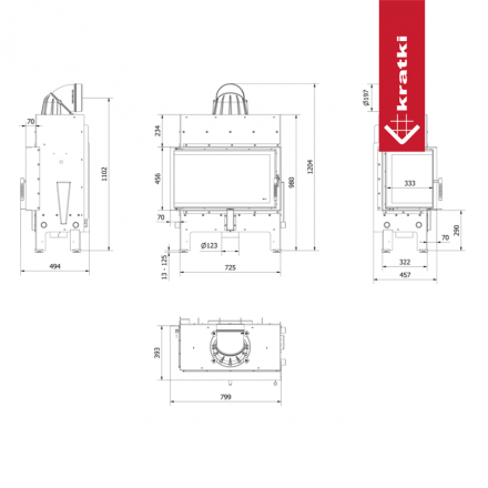 Каминная топка Kratki FLOKI M левая 10кВт O200 черный thermotec