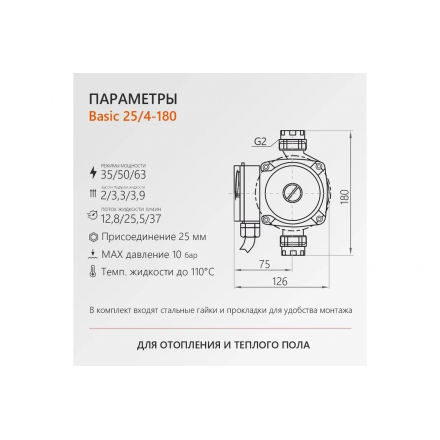 Насос циркуляционный Profline Basic 25/4-180 (гайки, кабель)